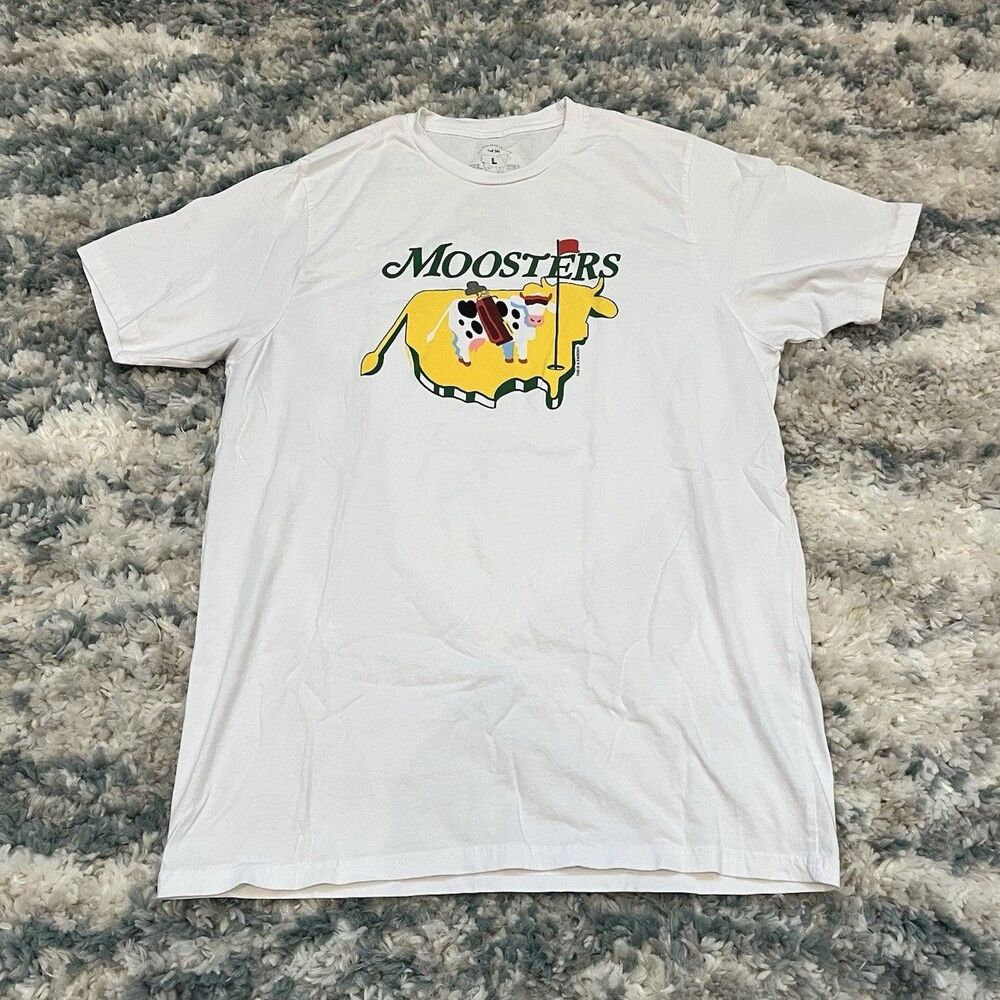Golfing Cows Moosters Masters Graphic White Men's Cotton Banff Canada Tee